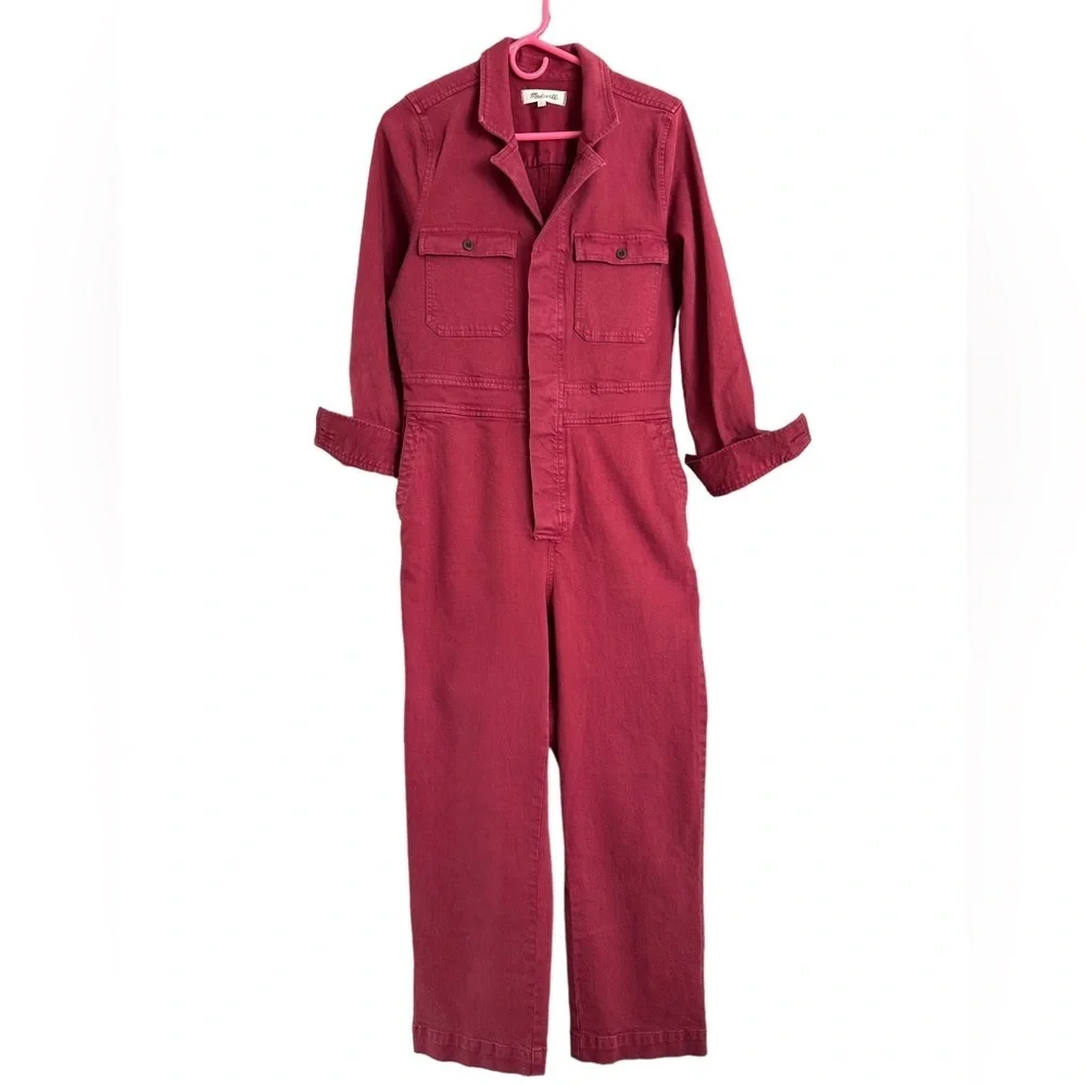 Madewell burgundy dyed denim straight leg overall long sleeve jumpsuit - Picture 3 of 10